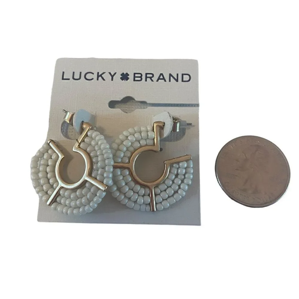 Creme & Matte Gold Toned Beaded Hoop Earrings.